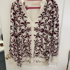 Tory Burch cream tunic with burgundy print. Perfect with jeans and leggings.